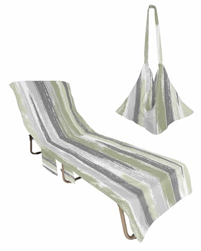 Sage Green Grey Beach Lounge Chair Towel Cover, Soft Chaise Lounge Towel with Side Pockets Patio Pool Chairs Cover for Beach/Pool Sunbathing 29x85 Modern Abstract Art Striped Geometric