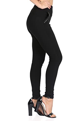 Shosho Womens High Waist Skinny Pants Slim Fit Trousers Dressy Pull On Pants With Tummy Control & Zipper Pockets Detail Solid Black Large #TOP1
