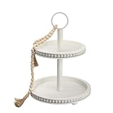 Mustry Rustic Wooden 2 Tiered Tray, Tiered Tray Stand Serving Tier Tray, Decorative Wooden Trays for Home Bathroom Kitchen Decor with Beeds