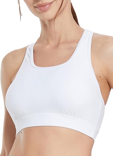 baleaf Women's UPF 50+ Athletic Swim Bra Modest Bikini Top Racerback Workout Bra Under Rash Guard Quick Dry White 36