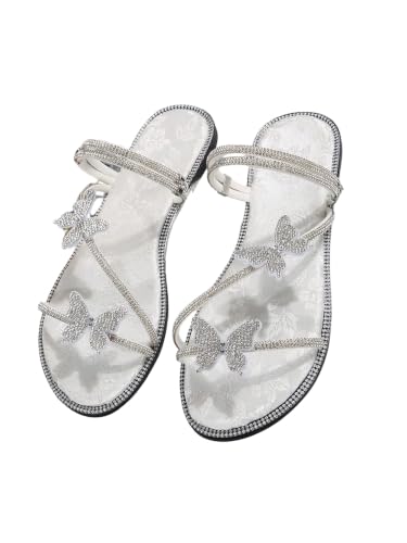 Image of OYOANGLE Women's Silver Rhinestone Sandals Sparkly Dressy Flat Sandals