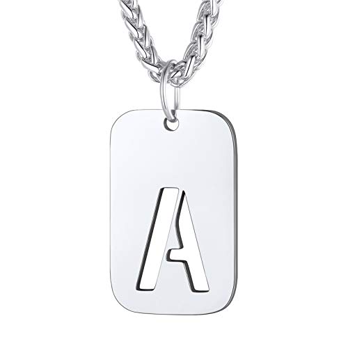 bandmax Collier Homme Plaque Lettre A en Acier Inoxydable Pendentif Dog Tag Creux avec Chaîne Ajustable 55cm/3mm Cover