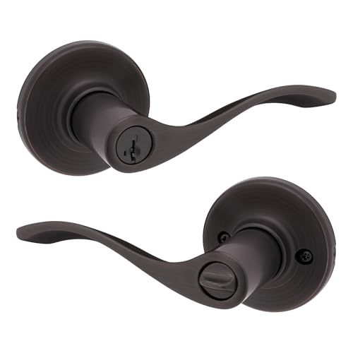 Kwikset Balboa Entry Door Handle with Lock and Key, Secure Keyed Reversible Lever Exterior, for Front Entrance and Bedrooms, Venetian Bronze, Pick Resistant Smartkey Rekey Security and Microban