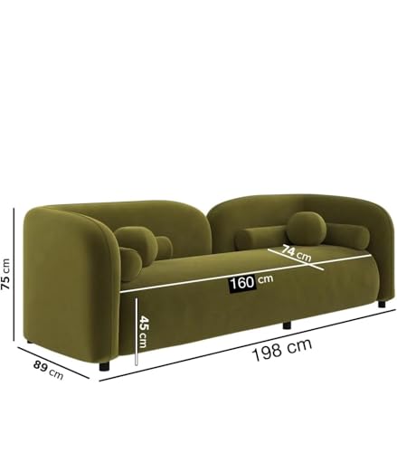 Image of CRAFTCITY Curved 3 Seater Cloud Sofa Upholstered 3 Seater Sofa for Living Room Bedroom Home Office Meeting Room Velvet Fabric Sofa (Green)