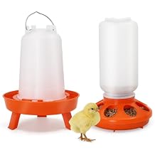 Chicken Feeder and Waterer Kit, 1L Feeder and 1.5L Waterer with 3 Heights Adjustable Legs,Poultry Feeder and Hanging Drinker No Spill/Waste for Chicken Coop, Ducks, Birds