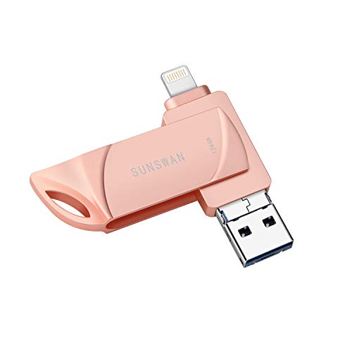 USB Flash Drive 128GB for iPhone Photo Stick iOS Flash Drive for iPad Thumb Drive Memory Stick External Drive 3 in1 USB Stick Sunswan for iPhone iPad iOS MacBook Android and Computer(Pink128G-DK)