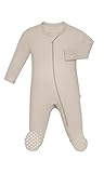 KOH KOH Kids Long Sleeve Two Way Zip Coverall Footie Soft Cotton Mitten Cuff Footie Foot Grip Infant Toddler Baby Boy Girl Unisex Solid Tagless Jumpsuit Romper One Piece, Light Brown Beige NB