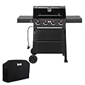 Feasto 4 Burner Gas Grill, Outdoor BBQ Grill with Side Table for Patio & Backyard Barbecue, Enameled Coated Chamber Body with Porcelain-Enameled Grates, Grilll Cover Included, 36,000 BTU, Black