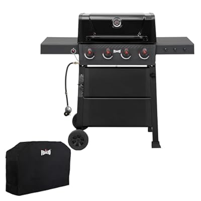 Feasto 4 Burner Gas Grill, Outdoor BBQ Grill with Side Table for Patio & Backyard Barbecue, Enameled Coated Chamber Body with Porcelain-Enameled Grates, Grilll Cover Included, 36,000 BTU, Black