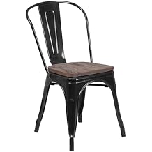 BOWERY HILL Metal Stackable Dining Side Chair, 33" H x 18" W x 20" D, Black Powder Coated Steel, Walnut Elm Wood Seat, 500 lbs Capacity, Bistro Style, Indoor Kitchen, Dining Room, Restaurant Chair