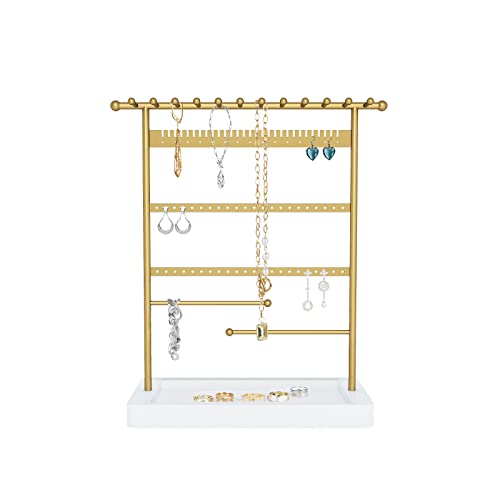 SANY DAYO HOME 6-Tier Jewelry Organizer Necklace Holder Stand, Gold Jewelry Tower Rack with 12 Necklace Hooks, 29 Earring Notches, 59 Stud Holes, 2 Bracelet Rods, 1 Real Wood Tray