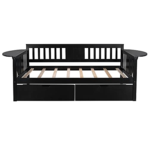 Lifeand Twin Size Daybed with 2 Drawers, Guardrail, Easy Assembly, Wood Platform Bed for Bedroom, Guest Room, Espresso