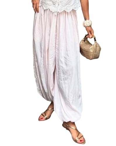 Women Balloon Pants Y2k High Waist Pleated Long Bloomers Pants Wide Leg Harem Lantern Trousers Going Out(Casual Pink,Large)