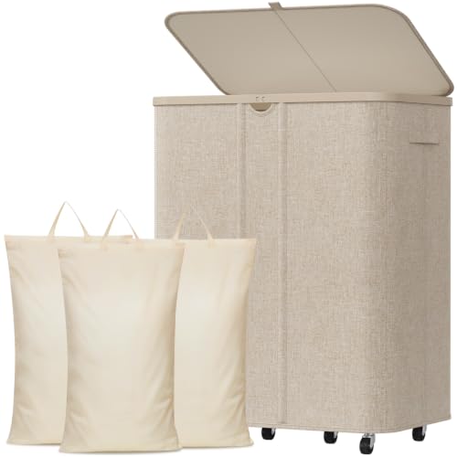 Image of Lifewit 185L Large Laundry Basket with Wheels and Lid, 3 Sections, Beige | Tall Rolling Laundry Hamper with 3 Removable Bags, Collapsible Dirty Clothes Hamper for Bedroom, Bathroom, Laundry Room, Dorm