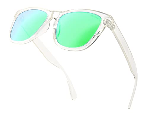 PZ Clear Frame Polarized Sunglasses with Flat Lens for Women and Men (Transparent + Polarized Green Mirror)