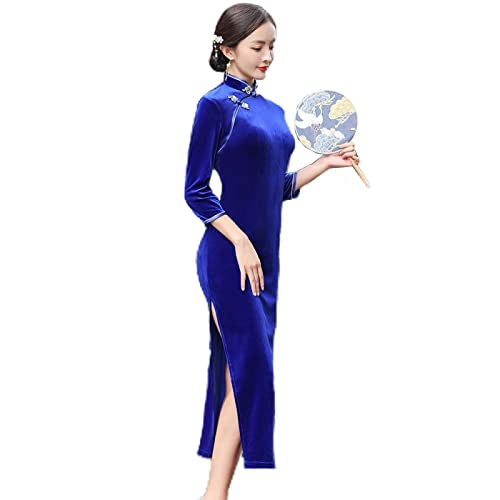 CBROOT Women's Chinese Cheongsam Dress - Women Vintage Velvet Qipao Chinese Style Traditional Cheongsam Autumn Winter 3/4 Sleeves Evening Party Dress Plus Size Clothes,Blue,L