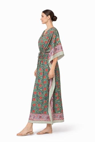 Image of Hand Block Printed Pure Cotton Kaftan for Women, Free Size Relaxed Fit Maxi, Lounge, Nightwear, Beach Cover-Up, Handmade Ethnic Boho Kaftan Dress V-Neck