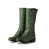 ENWIND Women's Knee High Boots Buckle Strap Low Flat Heel Side Zip Round Toe Riding Boots,Green,5 UK