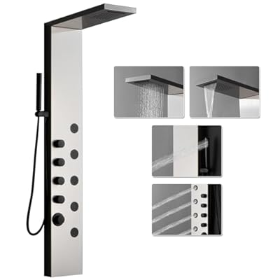 BATHLAVISH 4 In 1 Shower Panel Tower System, Multi-Function Stainless Steel Shower System with Rainfall Shower, Waterfall Shower Head, Brushed Nickel Shower Tower with 5 Massage Body Jets