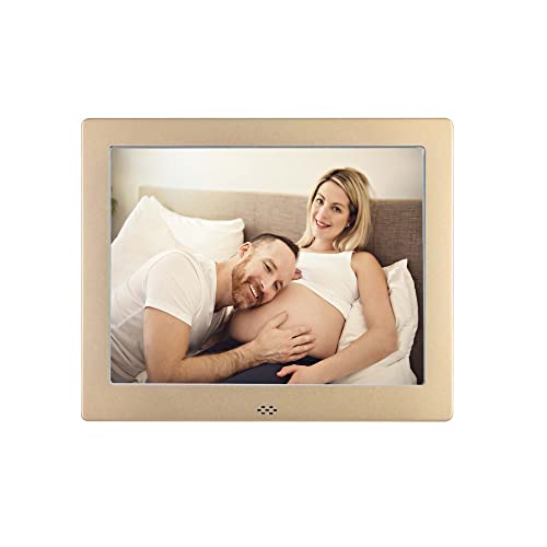 Digitaler Bilderrahmen 8 Zoll, Elektronischer Fotorahmen 1024x768 Hochauflösend IPS Display, Player für Foto/Musik/Video/Kalender/Wecker, mit Fernbedienung, USB oder SD-Karte (Gold) Cover