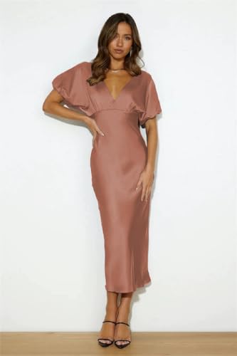 Image of Summer Satin V Neck Puffy Sleeves Empire Waist Midi Dresser Silk Sexy Tie Back Formal Cocktail Dresser for Women Wedding