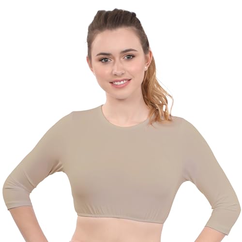 Image of Kosher Casual Women's Modest High Neck Cropped Layering Shell - Cotton Spandex 3-4 Sleeve Base Pullover Top