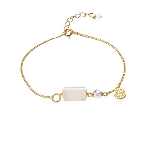 Bracelet perles jade blanc femme pendentif néphrite argent style chinois