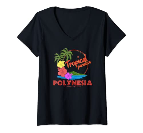Femme Paradis tropical de Polynésie, îles et fleurs d'hibiscus T-Shirt avec Col en V