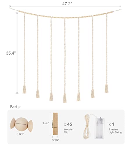 Mkono JJBS0101 Macrame Hanging Photo Display Wall Decor With String Lights, Boho Wooden Beads Garland Collage Picture Card Frame Holder thumb #6