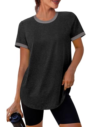 Image of Womens Workout Tops Summer Short Sleeve Shirts Athletic Color Block Gym Clothes Outfits Sun Protection UPF 50+ T Shirts