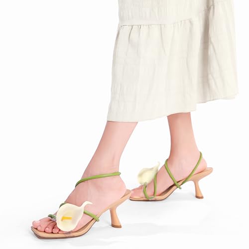 Flower Kitten Heels for Women Open Square Toe Floral Low Kitty Heels Sexy Strappy Wedding Dressy Heeled Sandals3