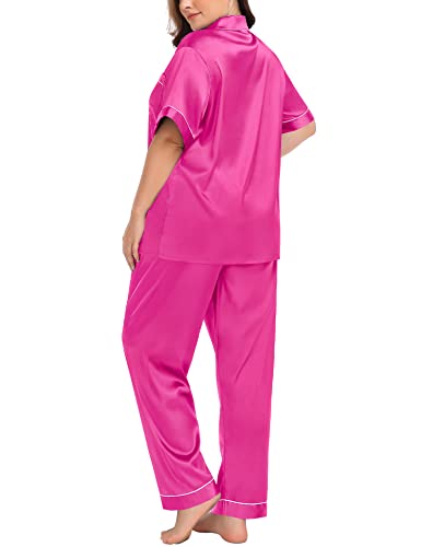 Image of SWOMOG Women's Plus Size Pajamas Silk Satin Pajama Set Short Sleeve Shirt with Full-Length Pants Pjs Sleepwear Set 18W-26W