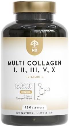 Multi Kollagen Kapseln Hochdosiert 1650mg mit Vitamin C. Hydrolysierte Collagen Peptide Typ I, II, III, V, X 180 Kapseln. N2 Natural Nutrition