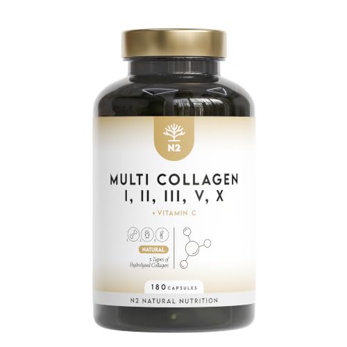 Multi Colágeno Hidrolizado Puro 1650mg + Vitamina C 53mg. Colágeno Tipo I, II, III, V y X, 180 cápsulas. Favorece la Salud de Piel, Cabello, Huesos y Articulaciones. N2 Natural Nutrition.