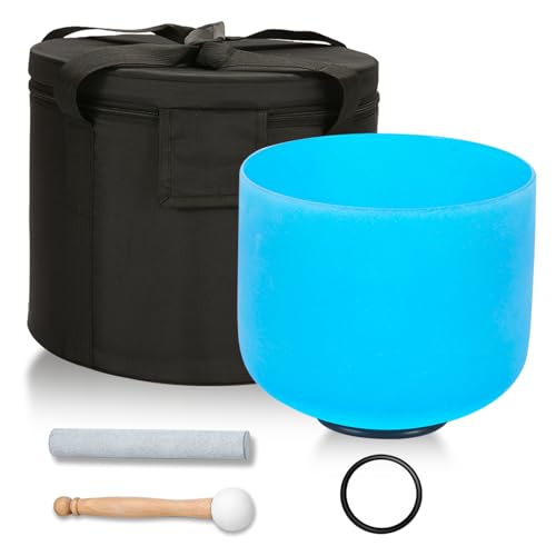 432HZ 8 Inchs G Note Blue Frosted Crystal Singing Bowl for Meditation Healing Yoga Chakra Quartz Crystal Sound Bowls with Heavy Duty Carry Case and Rubber Mallet,Suede Striker,O-rings