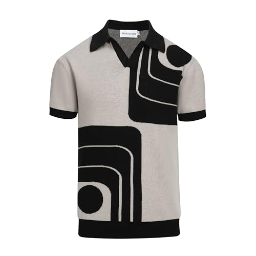 OXKNIT Mens Black V-Neck Polo Shirt 1960s Style Knit Golf Polo Short Sleeve Vintage Summer Shirt