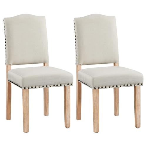 Yaheetech Dining Chairs Set of 2 Dining Room Chair Fabric Parsons Chairs with Nailhead Trim and Solid Wood Legs for Home, Kitchen, Dining Room, Beige