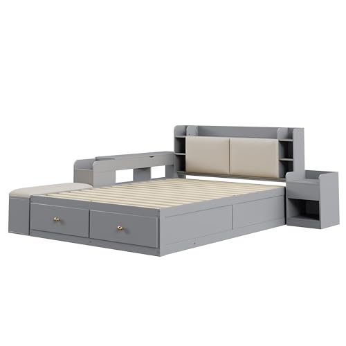 Cama combinada de madera maciza de 140 x 200 cm, cabecero con compartimento de almacenamiento incorporado, con cajones, con mesita de noche, con armario de almacenamiento, con sofá banco, cama de mat