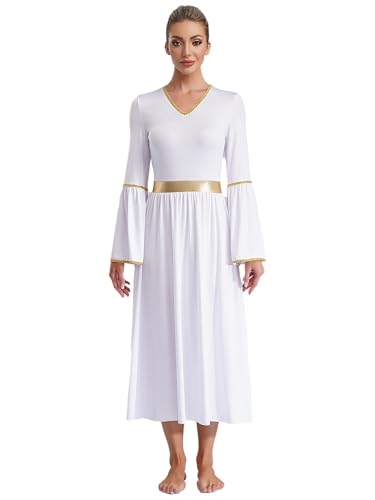inlzdz Damen Flare Ärmel Fließendes Chiffon Kleid Halloween Empire Engel Kostüm Lobpreis Tanzkleid Weiß M