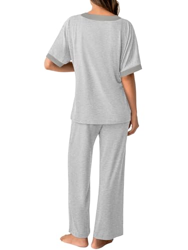 GKBK Womens Two Piece Outfits Pajama Sets 3/4 Dolman Sleeve V Neck Sleepwear Nightwear Loungewear Matching Pjs 2 Piece Lounge Set Lightweight Sweatsuit Fall Fashion Ooutfit Gray M — view 3