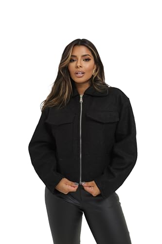 Jaqueta Feminina Curta Lã Batida Zíper e Bolsos (BR, Alfa, G, Regular, Regular, Preto)