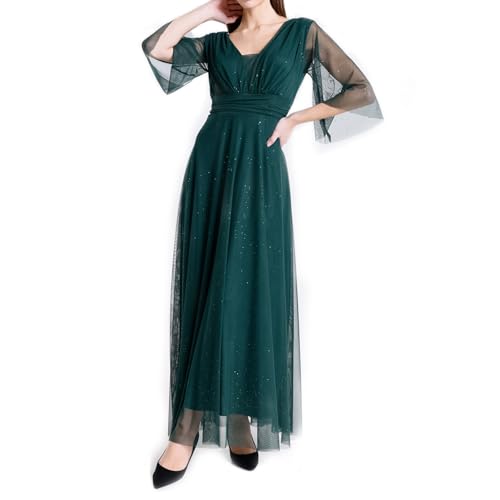 Abito lungo elegante donna da cerimonia maniche a 3/4 e scollo a V.Taglia unica regolabile. Ideale per matrimoni, eventi e feste. – Made in Italy (IT, Testo, XXL, 3XL, Regular, Regular, Verde bosco)