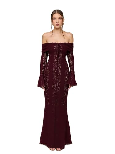 Amazon.com: Autumn Elegant Off Shoulder Lace Maxi Dress White Women Long  Sleeve Evening Party Dresses for Date Nights (US, Alpha, X-Small, Regular,  Regular, 97Plum) : Clothing, Shoes & Jewelry