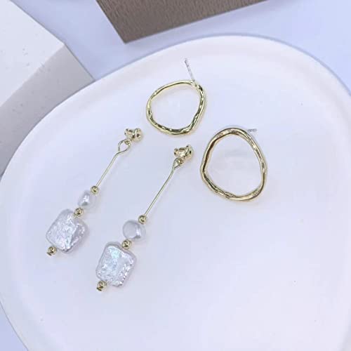 Baroque Natural Square And Round Pearl Combination Earrings, Irregular Geometric Metal Studs, Detachable Simultaneously Boasts 2 Pairs,S925 Silver Needle, Plated 18K Gold #TOP3