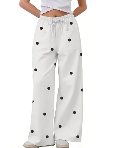 Image of MISSACTIVER Women Drawstring Polka Dot Pants Loose Wide Leg Trousers Casual Low Waist Pants Lounge Pants with Pockets