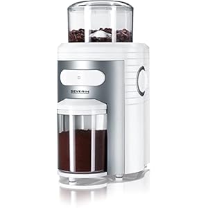 SEVERIN S73873 KM 3873 Elektrische koffiemolen (150 W, roestvrijstalen kegelmaalwerk, max. inhoud 150 g) wit/zilver