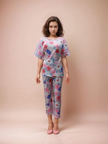 Image of Women's Cotton Round Neck Printed Night Suit - Cozy and Stylish Multicolor Pajamas with Multiprint and Multi-Design Options