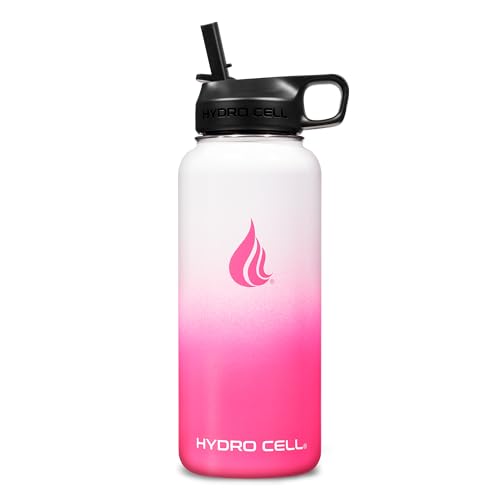 HYDRO CELL Stainless Steel Insulated Water Bottle with Straw - For Cold & Hot Drinks - Metal Vacuum Flask with Screw Cap and Modern Leakproof Sport Thermos for Adults (White/Pink 32oz)