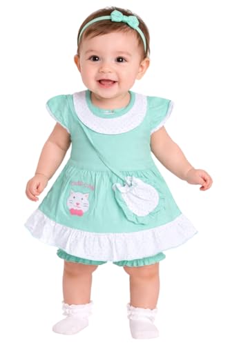 Image of Baby Girls Frock Dress with Bloomer Set | Short Sleeve Polka Dot Inner Layer & Bow Detail Special for 0-6 Months