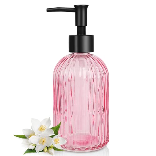 Topsky Stripe Glass Soap Dispenser with Black Plastic Pump 400ml Liquid Hand Soap Dispenser Rustproof Pump for Kitchen & Bathroom Great for Lotions Essential Oil Liquid Soaps-Pink